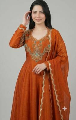 Rust roman readymade anarkali suit with embroidery & lace border work 2