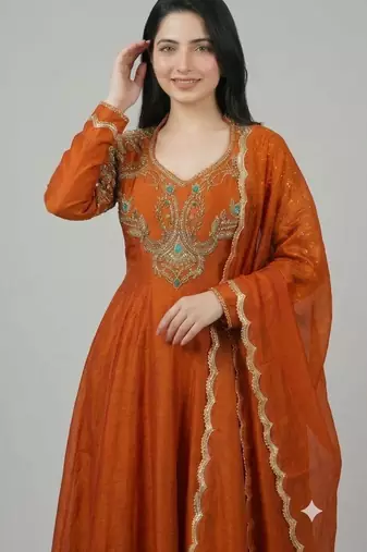 Rust roman readymade anarkali suit with embroidery & lace border work