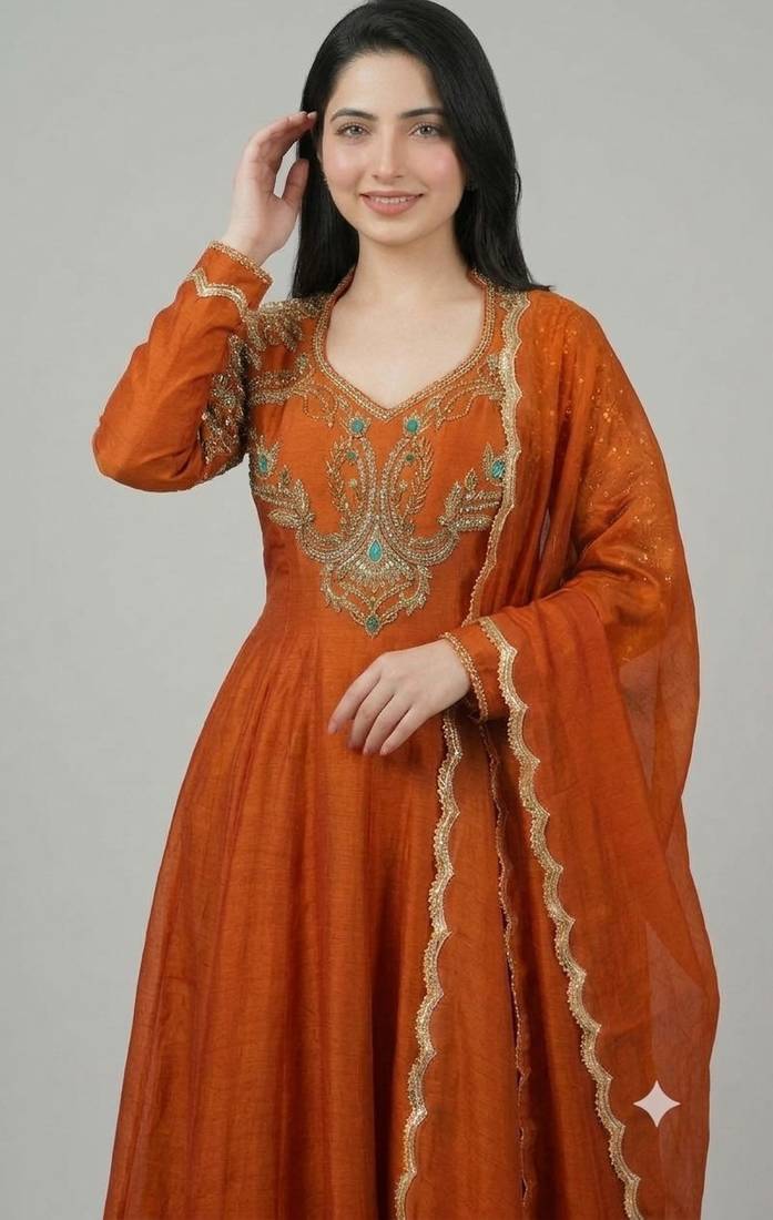 Rust roman readymade anarkali suit with embroidery & lace border work