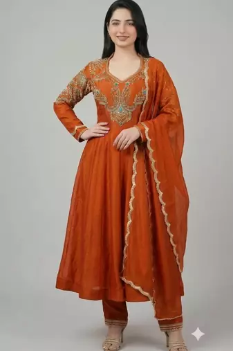 Rust roman readymade anarkali suit with embroidery & lace border work