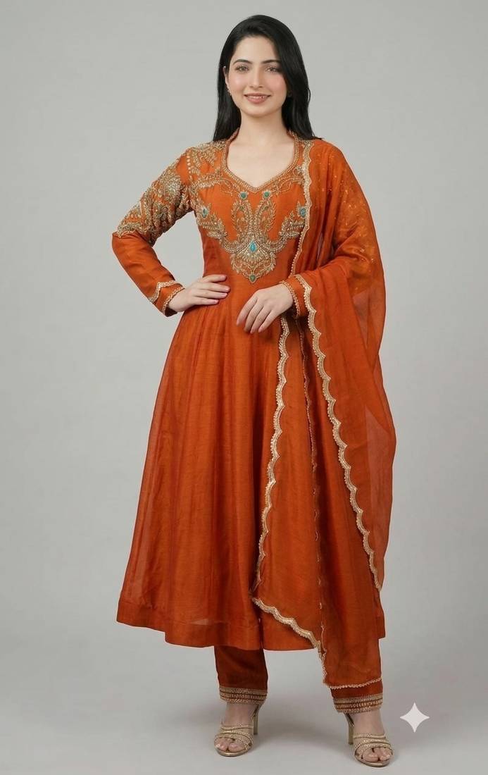 Rust roman readymade anarkali suit with embroidery & lace border work