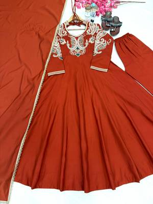 Rust roman readymade anarkali suit with embroidery & lace border work 4