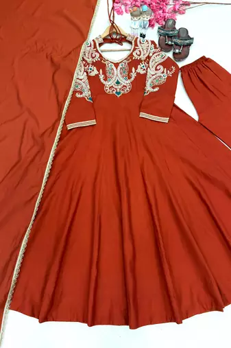 Rust roman readymade anarkali suit with embroidery & lace border work
