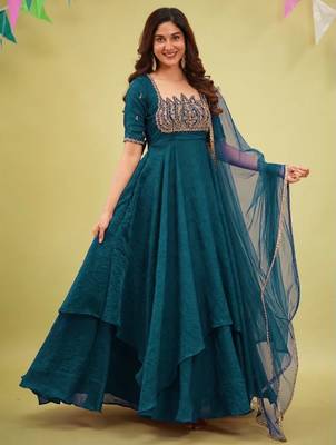 Emerald silk blend readymade anarkali suit with embroidery & sequence work 1