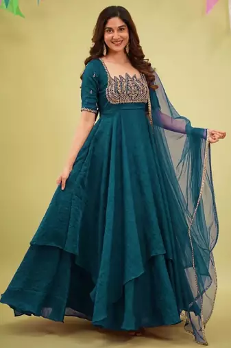 Emerald silk blend readymade anarkali suit with embroidery & sequence work
