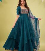 Emerald silk blend readymade anarkali suit with embroidery & sequence work