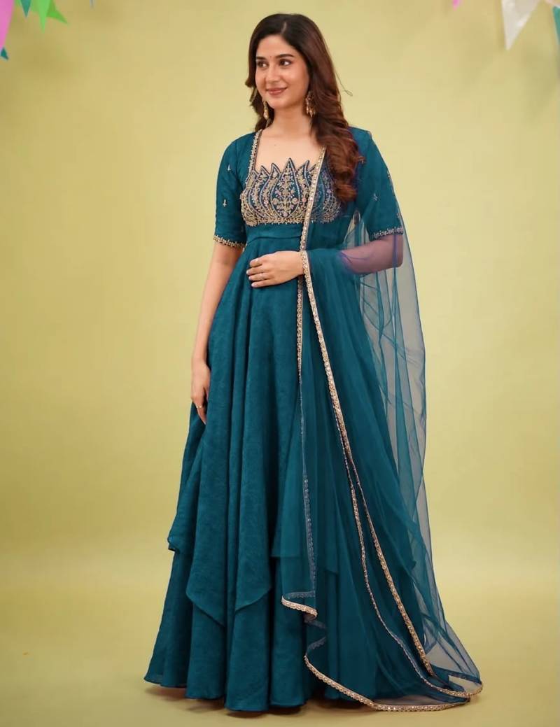 Emerald silk blend readymade anarkali suit with embroidery & sequence work