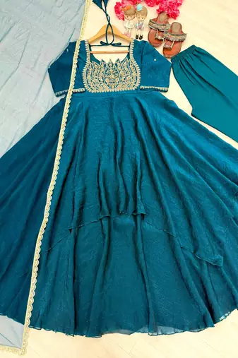 Emerald silk blend readymade anarkali suit with embroidery & sequence work