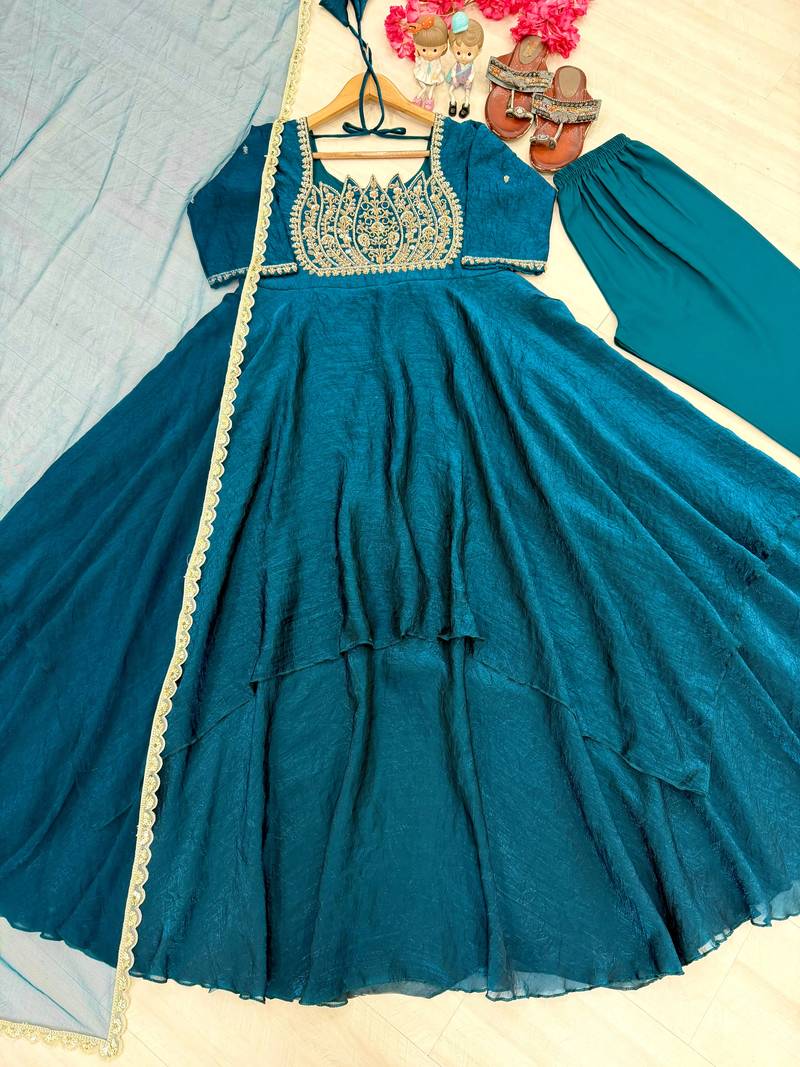 Emerald silk blend readymade anarkali suit with embroidery & sequence work