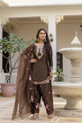 Women's Beautiful Embroidery Work Satin Fabric Straight Kurta Patiala and Dupatta Set