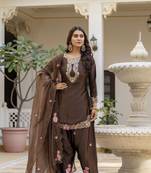 Women's Beautiful Embroidery Work Satin Fabric Straight Kurta Patiala and Dupatta Set