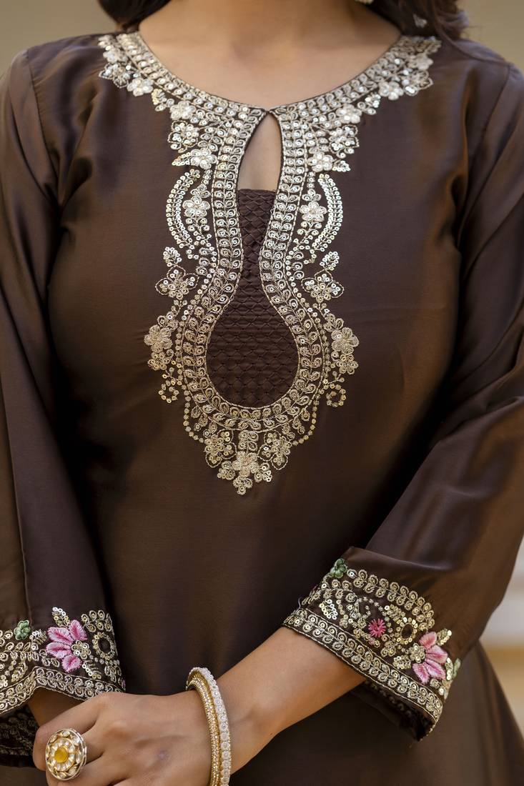 Women's Beautiful Embroidery Work Satin Fabric Straight Kurta Patiala and Dupatta Set