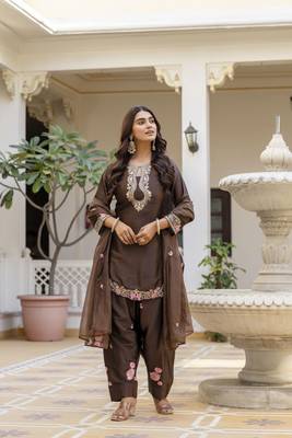 Women's Beautiful Embroidery Work Satin Fabric Straight Kurta Patiala and Dupatta Set 3