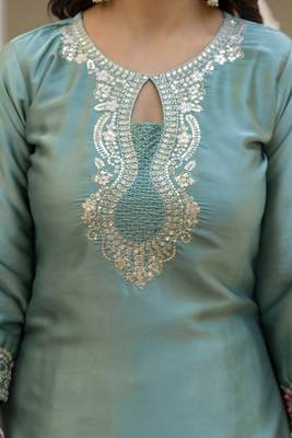 Women's Beautiful Embroidery Work Satin Fabric Straight Kurta Patiala and Dupatta Set 2