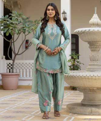 Women's Beautiful Embroidery Work Satin Fabric Straight Kurta Patiala and Dupatta Set 5
