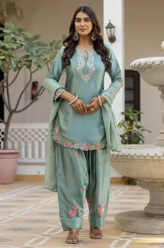 Women's Beautiful Embroidery Work Satin Fabric Straight Kurta Patiala and Dupatta Set