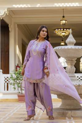 Women's Beautiful Embroidery Work Satin Fabric Straight Kurta Patiala and Dupatta Set 1