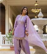 Women's Beautiful Embroidery Work Satin Fabric Straight Kurta Patiala and Dupatta Set