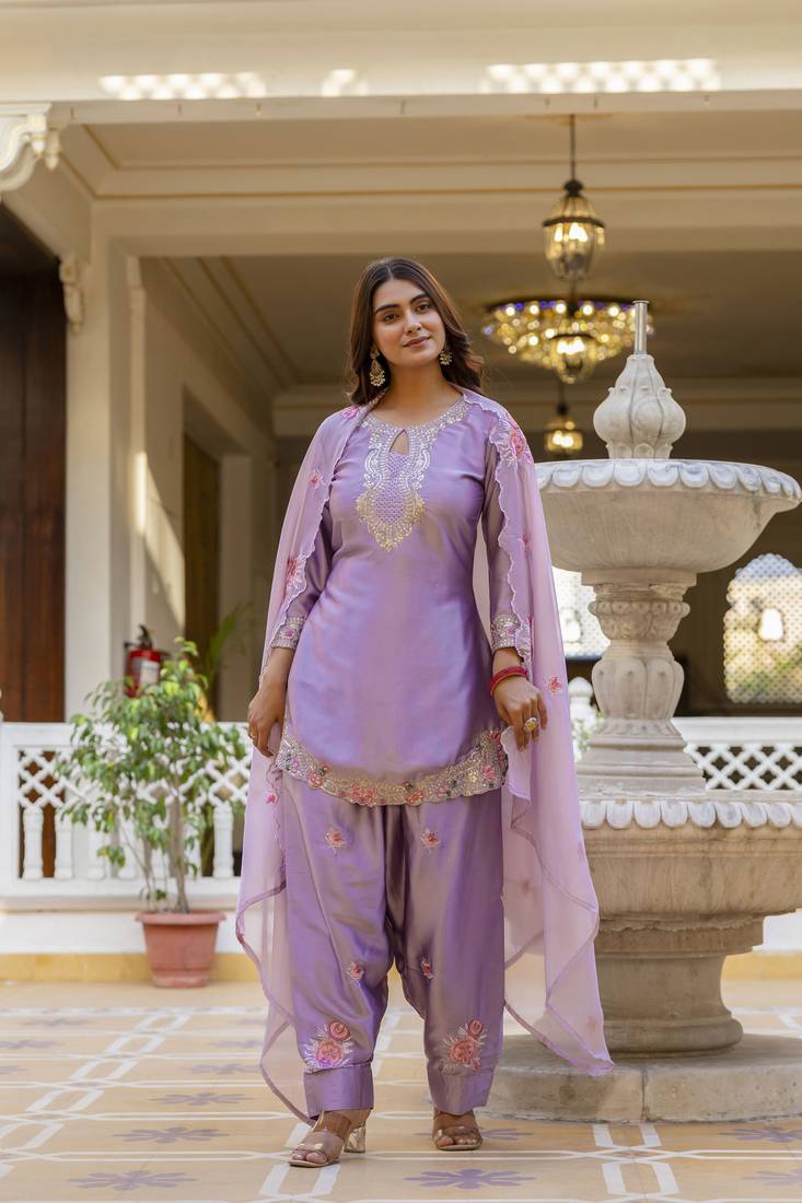 Women's Beautiful Embroidery Work Satin Fabric Straight Kurta Patiala and Dupatta Set