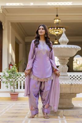 Women's Beautiful Embroidery Work Satin Fabric Straight Kurta Patiala and Dupatta Set 5