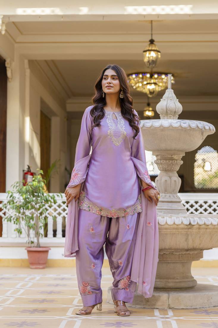 Women's Beautiful Embroidery Work Satin Fabric Straight Kurta Patiala and Dupatta Set