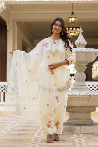 Women's Beautiful Embroidery Work Satin Fabric Straight Kurta Patiala and Dupatta Set
