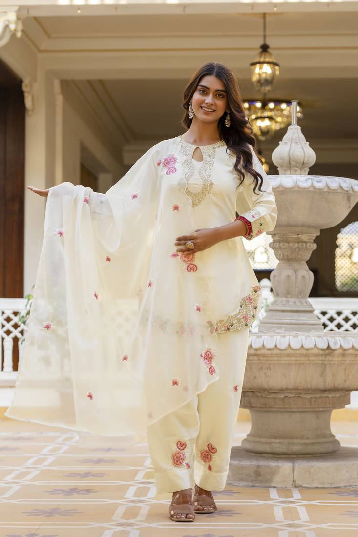 Women's Beautiful Embroidery Work Satin Fabric Straight Kurta Patiala and Dupatta Set