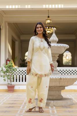 Women's Beautiful Embroidery Work Satin Fabric Straight Kurta Patiala and Dupatta Set 3