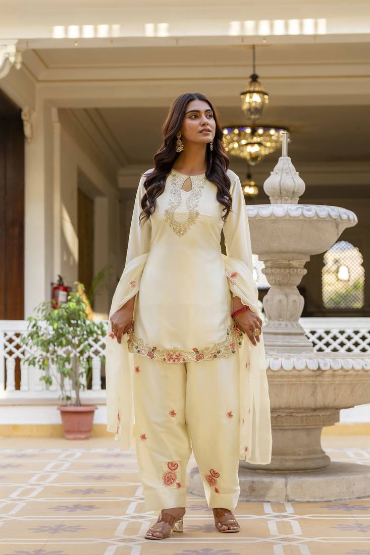 Women's Beautiful Embroidery Work Satin Fabric Straight Kurta Patiala and Dupatta Set