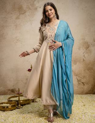 Women's Beautiful Embroidery Work Chanderi Fabric Flared Anarkali Pant and Dupatta Set 1