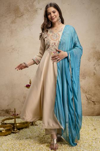 Women's Beautiful Embroidery Work Chanderi Fabric Flared Anarkali Pant and Dupatta Set