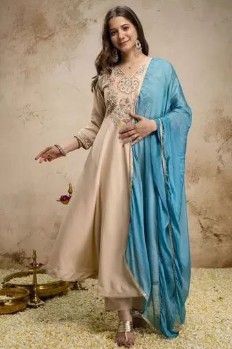 Women's Beautiful Embroidery Work Chanderi Fabric Flared Anarkali Pant and Dupatta Set