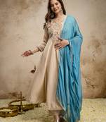 Women's Beautiful Embroidery Work Chanderi Fabric Flared Anarkali Pant and Dupatta Set