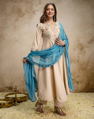 Women's Beautiful Embroidery Work Chanderi Fabric Flared Anarkali Pant and Dupatta Set 3