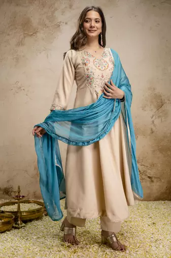 Women's Beautiful Embroidery Work Chanderi Fabric Flared Anarkali Pant and Dupatta Set