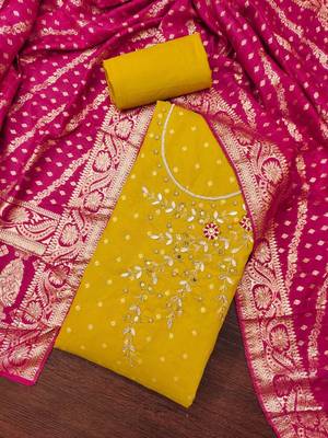 Women Yellow & Pink Printed Art Silk Embellished Unstitched Dress Material 1