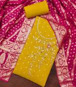 Women Yellow & Pink Printed Art Silk Embellished Unstitched Dress Material