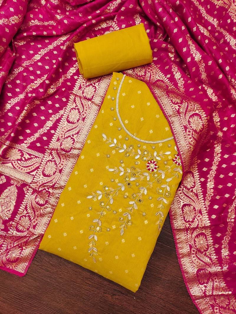 Women Yellow & Pink Printed Art Silk Embellished Unstitched Dress Material