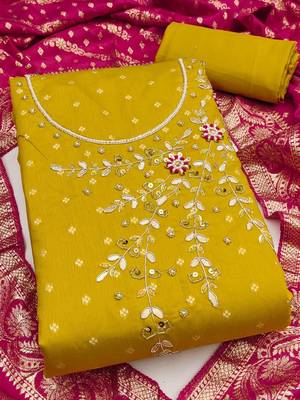 Women Yellow & Pink Printed Art Silk Embellished Unstitched Dress Material 2