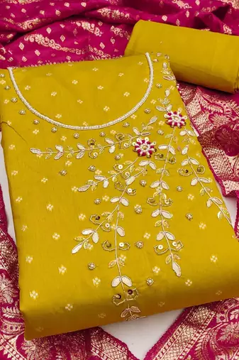 Women Yellow & Pink Printed Art Silk Embellished Unstitched Dress Material