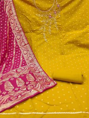Women Yellow & Pink Printed Art Silk Embellished Unstitched Dress Material 3