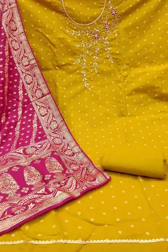 Women Yellow & Pink Printed Art Silk Embellished Unstitched Dress Material