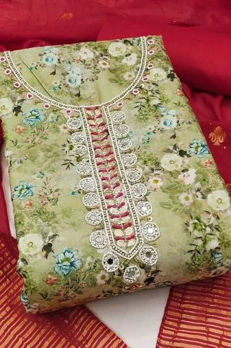 green & marron embellished unstitched dress material