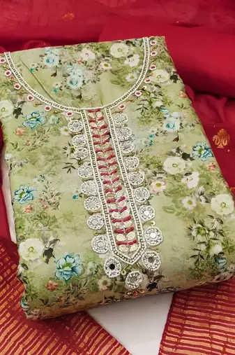 Green & Marron Embellished Unstitched Dress Material