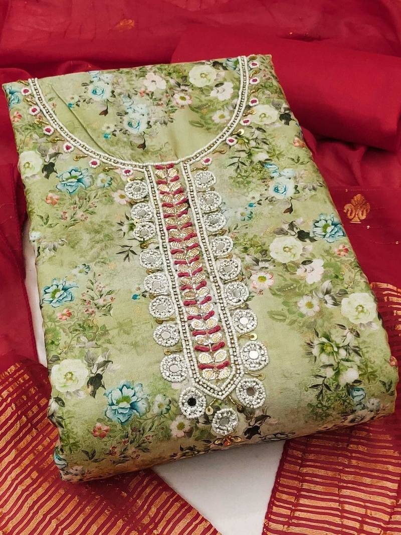 Green & Marron Embellished Unstitched Dress Material
