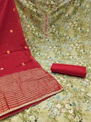 Green & Marron Embellished Unstitched Dress Material 2