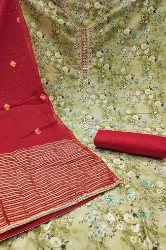 Green & Marron Embellished Unstitched Dress Material