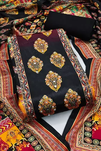 Women Black Printed Geometric Dress Material