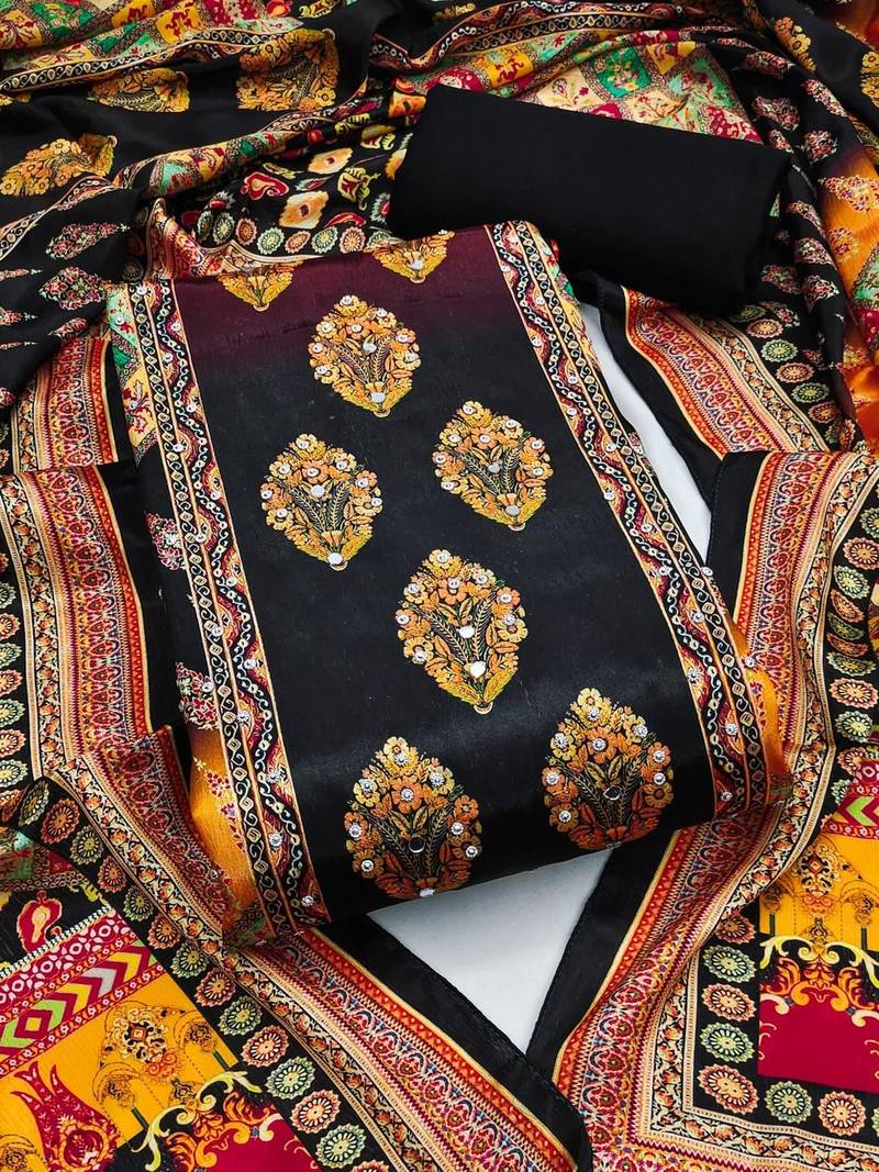 Women Black Printed Geometric Dress Material