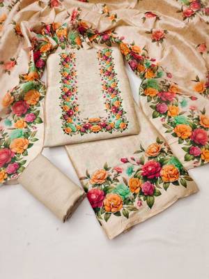 cream vichitra silk with floral printed unstitched dress material 1